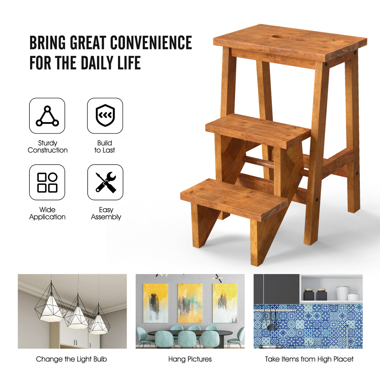 3-in-1 Rubber Wood Step Stool with Convenient Handle