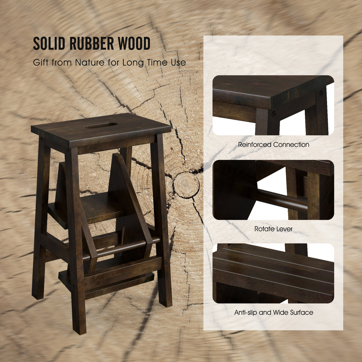 3-in-1 Rubber Wood Step Stool with Convenient Handle