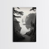 Forest Cliffs, Ocean Pathway, Misty Coast, Woodland Escape, Framed Canvas Print, Cabin Wall Art, Nature Trail Aesthetic, Autumn Mood Art