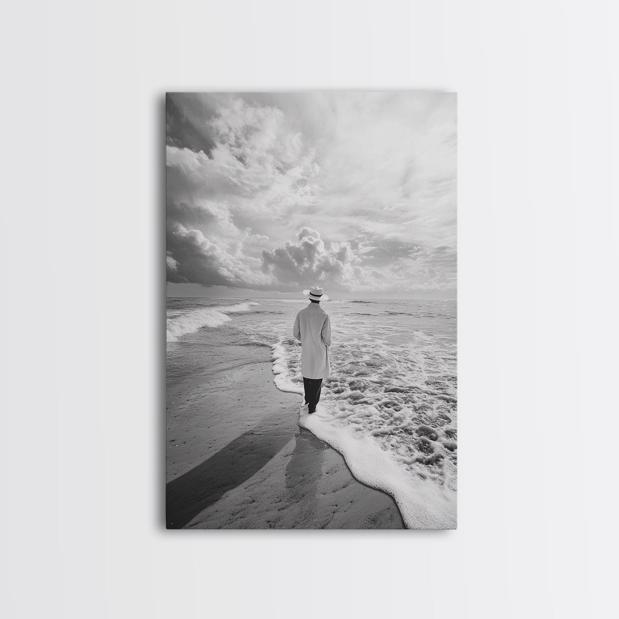 Man On Shore, Thoughtful Walk, Ocean Wanderer, Framed Canvas Print, Minimalist Fall Art, Bedroom Decor, Moody Coastal Scene