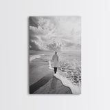 Man On Shore, Thoughtful Walk, Ocean Wanderer, Framed Canvas Print, Minimalist Fall Art, Bedroom Decor, Moody Coastal Scene