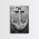 Abandoned Anchor, Nautical Decor, Black White Beach, Framed Canvas Print, Rustic Coastal Wall Art, Entryway Nautical Accent