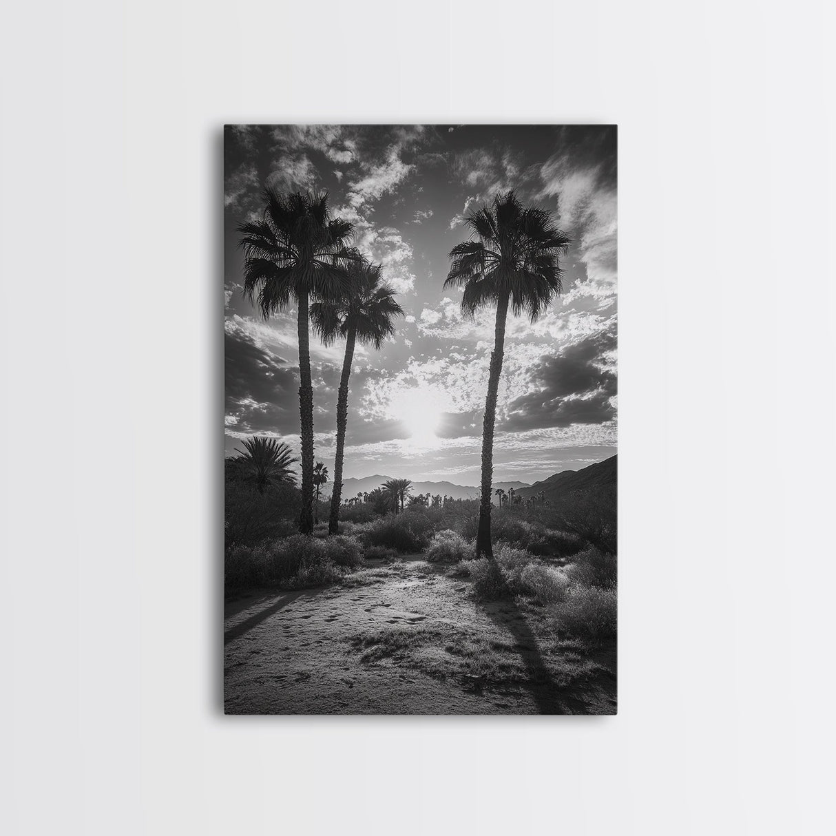 Palm Sunset, Desert Light, Silhouetted Trees, Framed Canvas Print, Tropical Boho Wall Art, Sunset Living Room Decor, Moody Nature Style