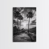 Palm Sunset, Desert Light, Silhouetted Trees, Framed Canvas Print, Tropical Boho Wall Art, Sunset Living Room Decor, Moody Nature Style
