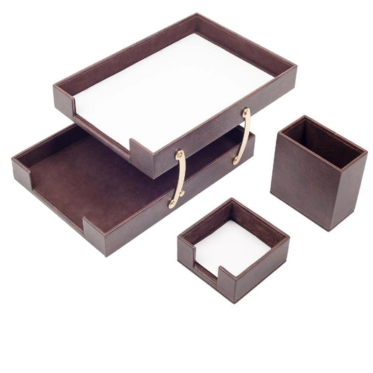 MOOG Leather Desk Set-3 Accessories-Double Document Tray - Brown - 3 PCS