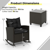3-Piece Patio Rattan Roker Chairs with Tempered Glass Table and Soft Cushions