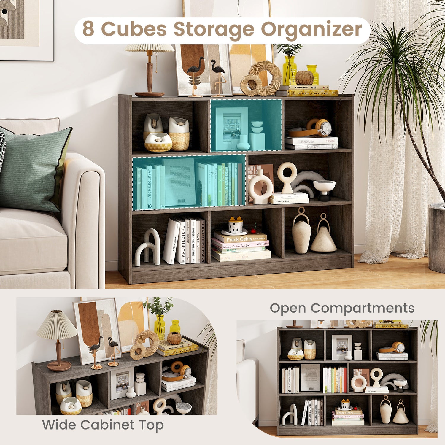3-Tier Open Bookcase 8-Cube Floor Standing Storage Shelves Display Cabinet