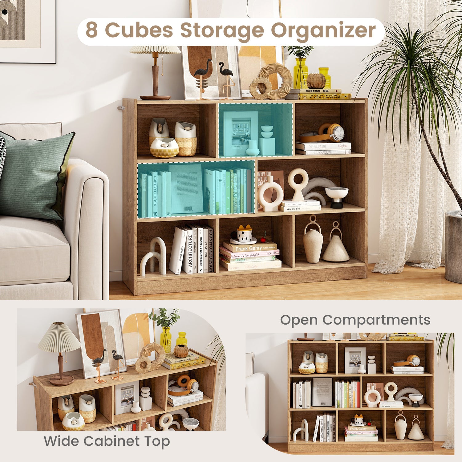 3-Tier Open Bookcase 8-Cube Floor Standing Storage Shelves Display Cabinet
