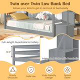 Twin Over Twin Low Bunk Bed with Storage Stairs Solid Wood Floor Bunk Bed Frame