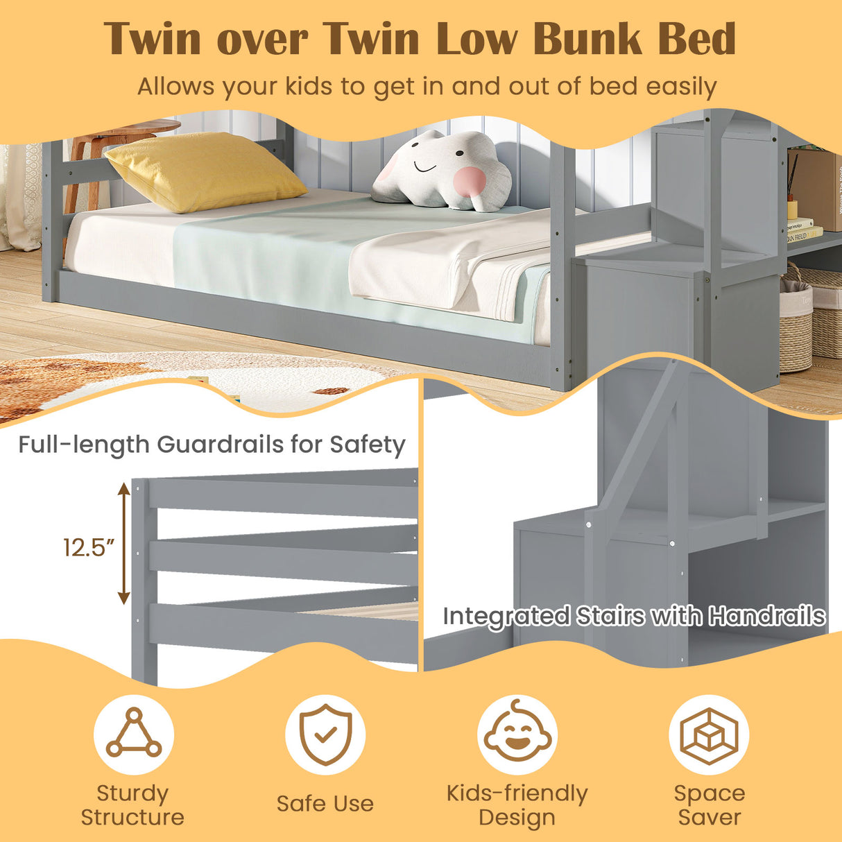 Twin Over Twin Low Bunk Bed with Storage Stairs Solid Wood Floor Bunk Bed Frame