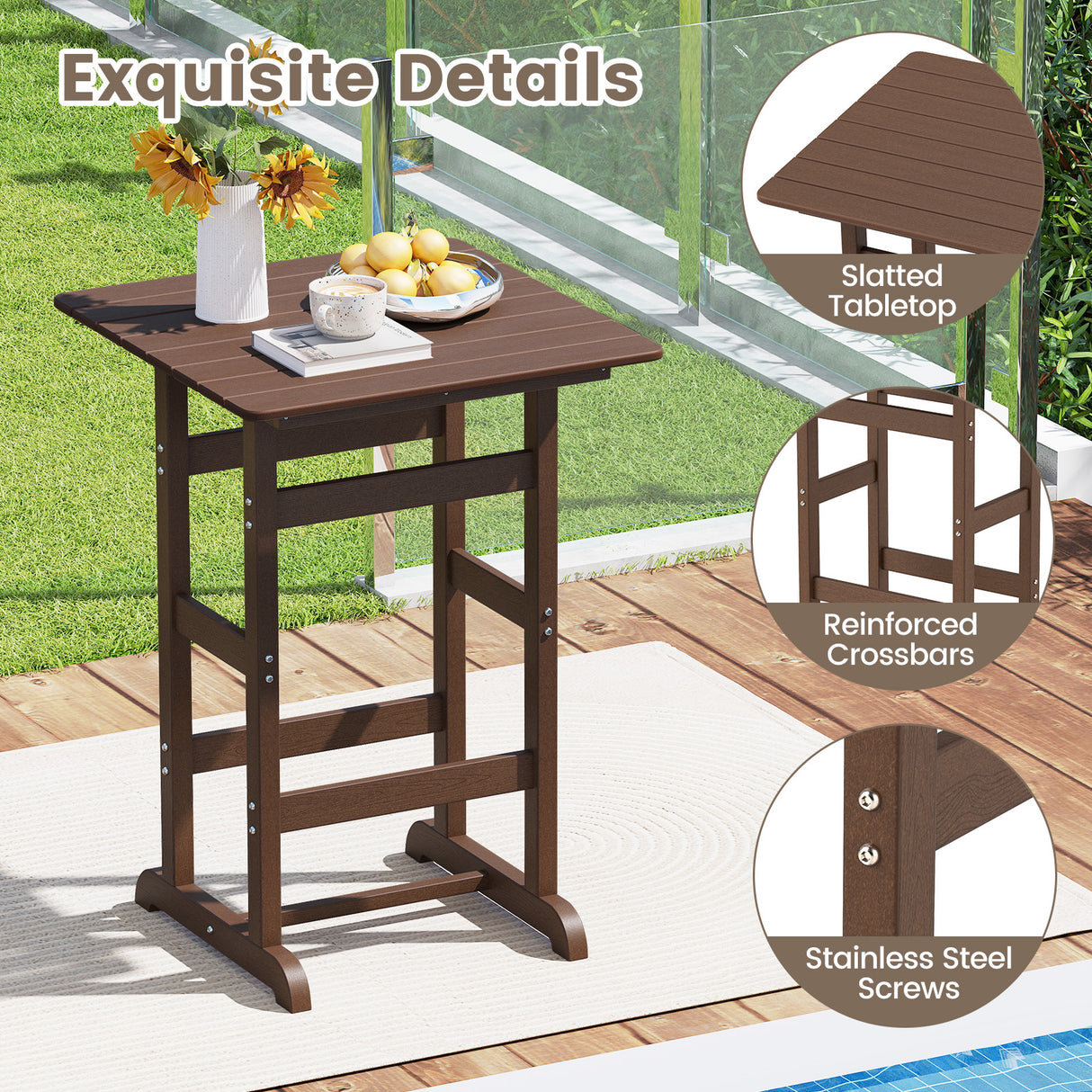 30 Inch Square Bar Table Dining Table with Slatted Tabletop for Poolside