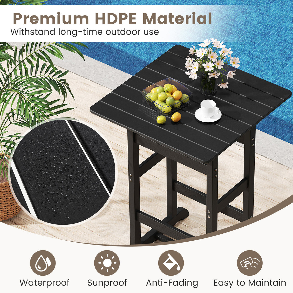30 Inch Square Bar Table Dining Table with Slatted Tabletop for Poolside