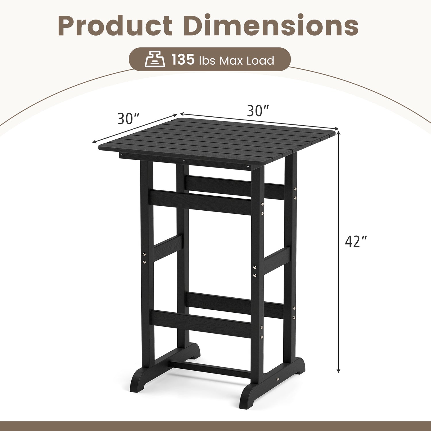 30 Inch Square Bar Table Dining Table with Slatted Tabletop for Poolside
