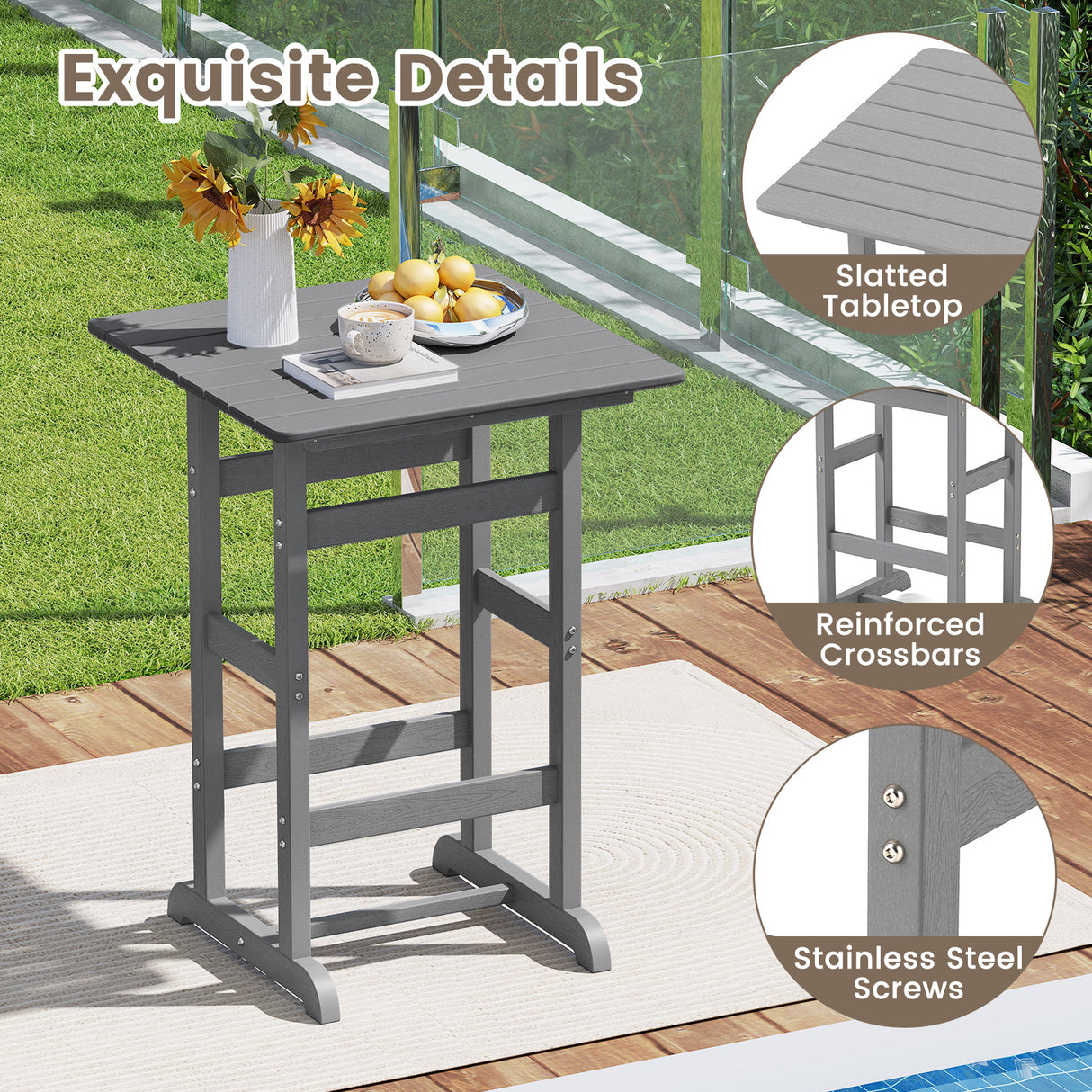 30 Inch Square Bar Table Dining Table with Slatted Tabletop for Poolside