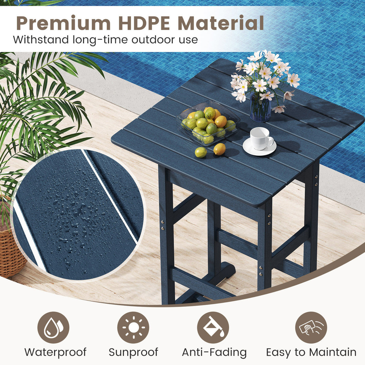 30 Inch Square Bar Table Dining Table with Slatted Tabletop for Poolside