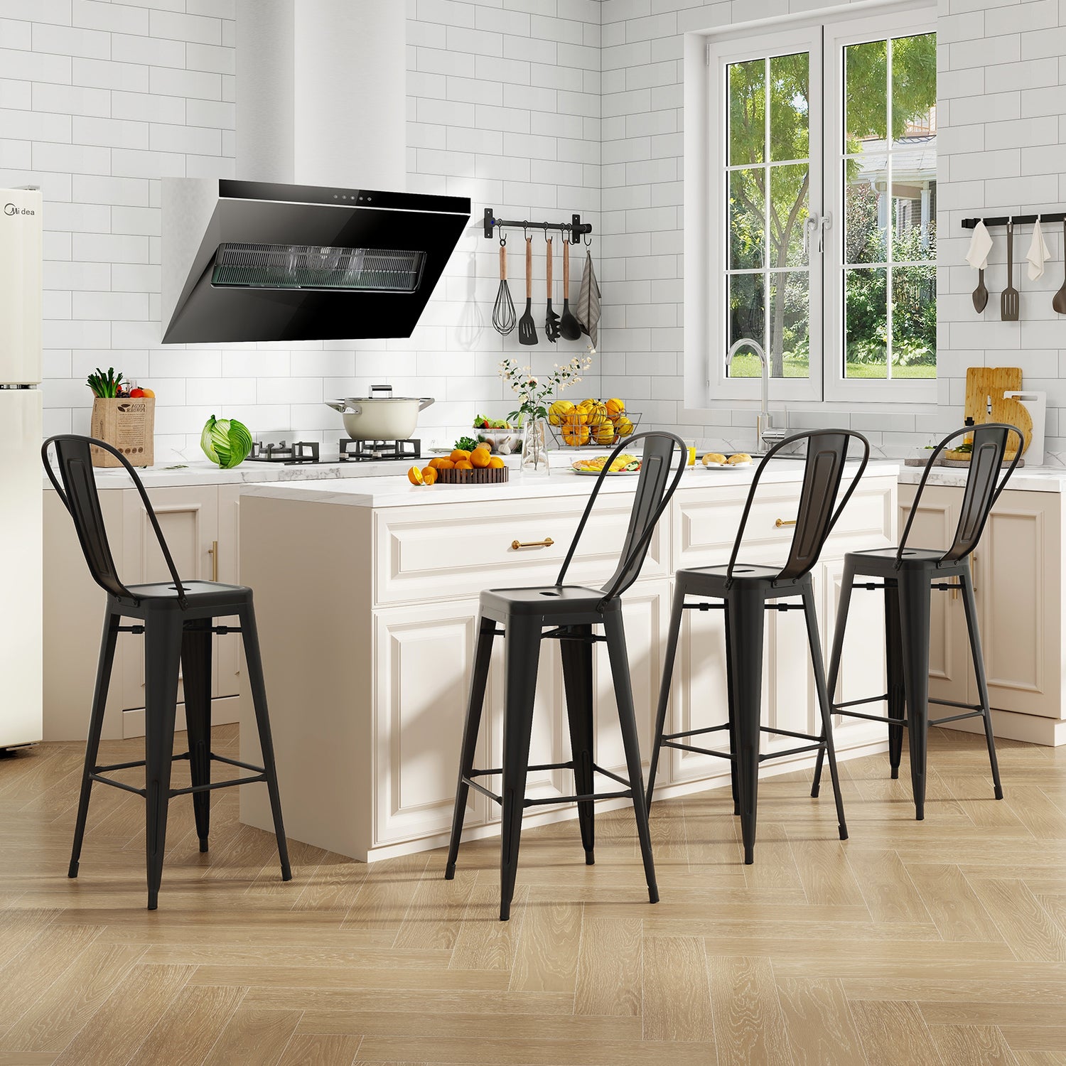 Set of 4 Bar Height Chairs Stackable Metal Bar Stools with Removable Backrest