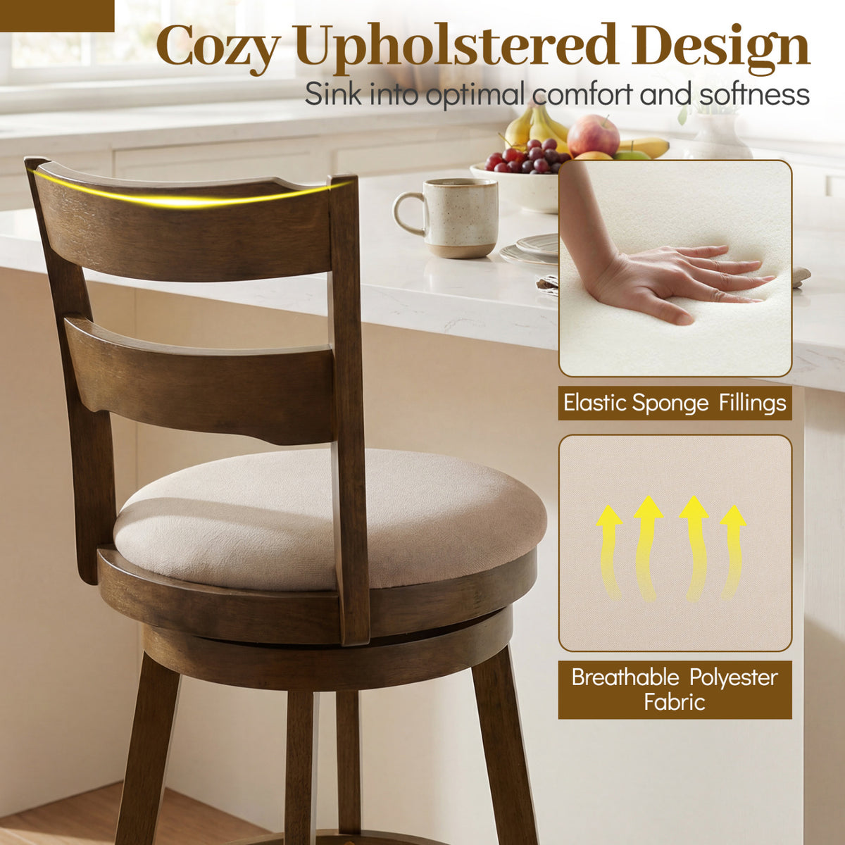 Swivel Barstools with Backrest & Upholstered Seat-Set of 2/4