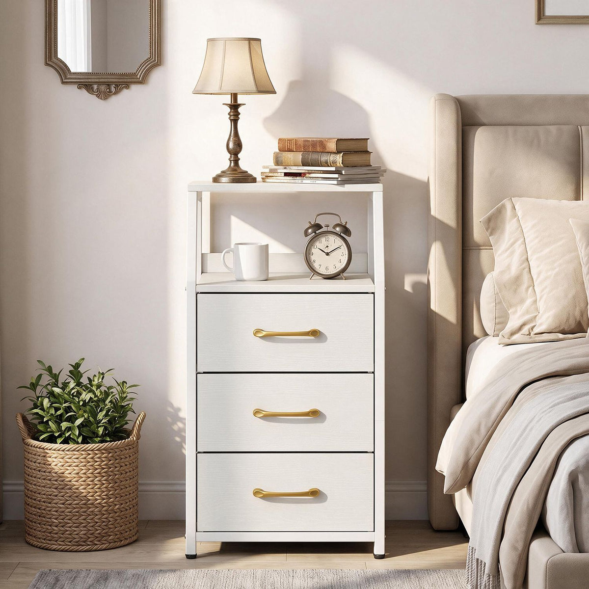 30.5 Inch Tall Nightstand with 3 Fabric Drawers and 2 Spacious Open Shelves