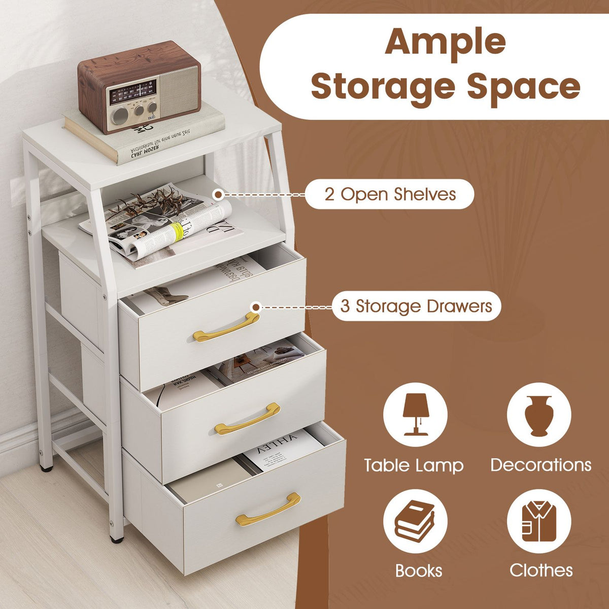 30.5 Inch Tall Nightstand with 3 Fabric Drawers and 2 Spacious Open Shelves