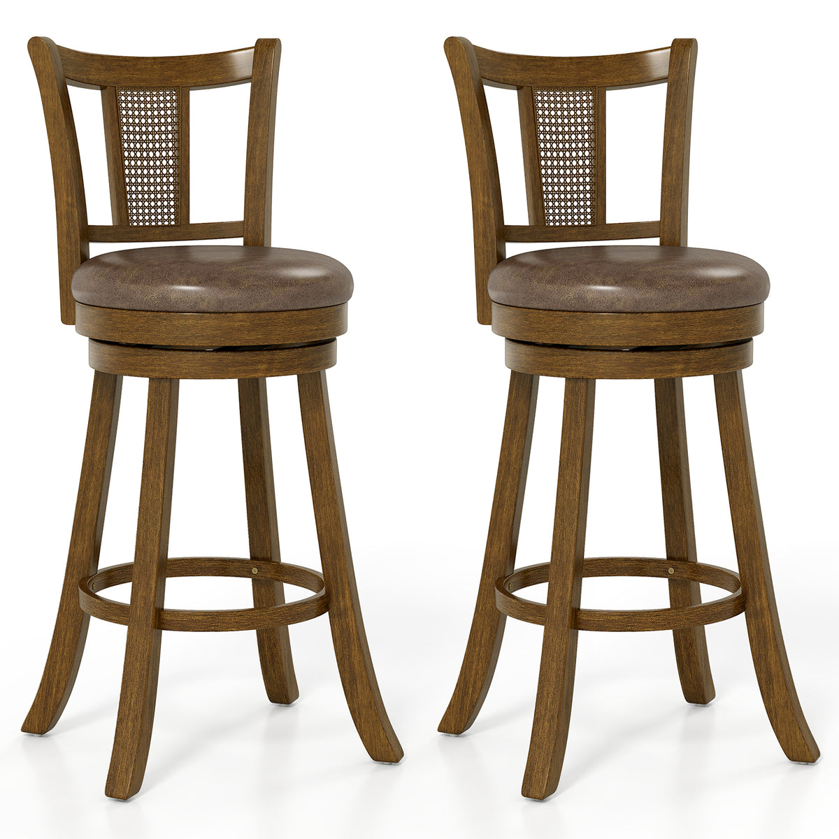 25/30 Inch Set of 2 Bar Stools with PE Rattan Backrest and Rubber Wood Frame