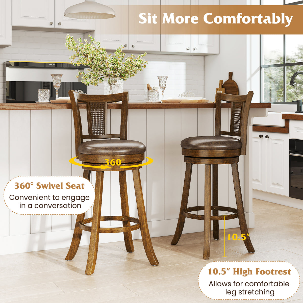 25/30 Inch Set of 2 Bar Stools with PE Rattan Backrest and Rubber Wood Frame