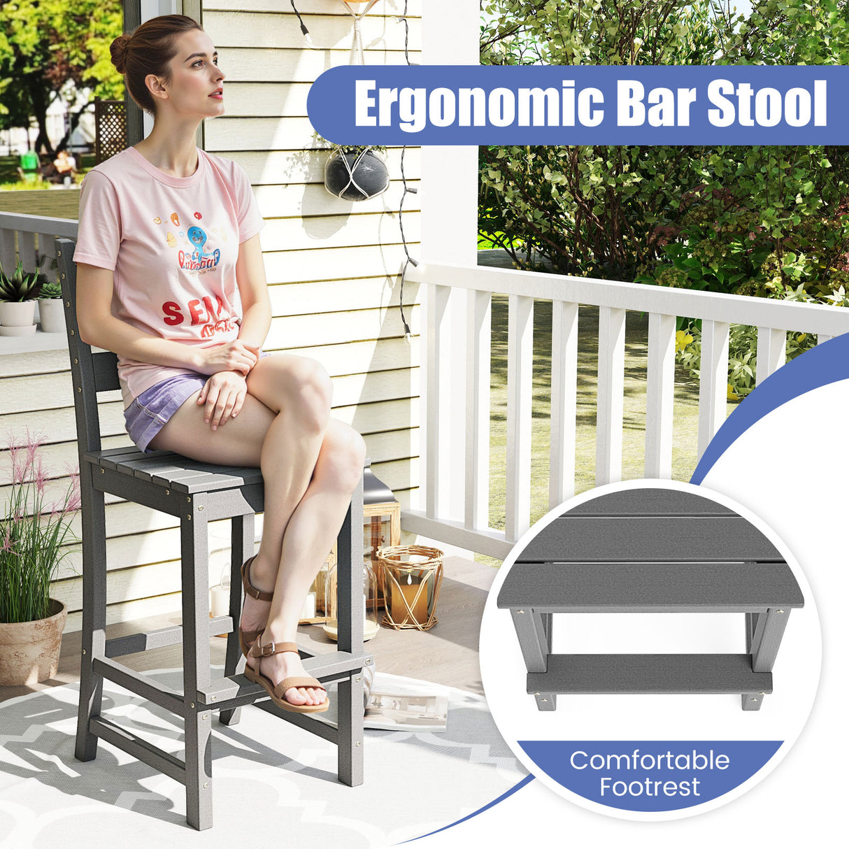 30 Inches Counter Height HDPE Bar Stool with Backrest and Footrest