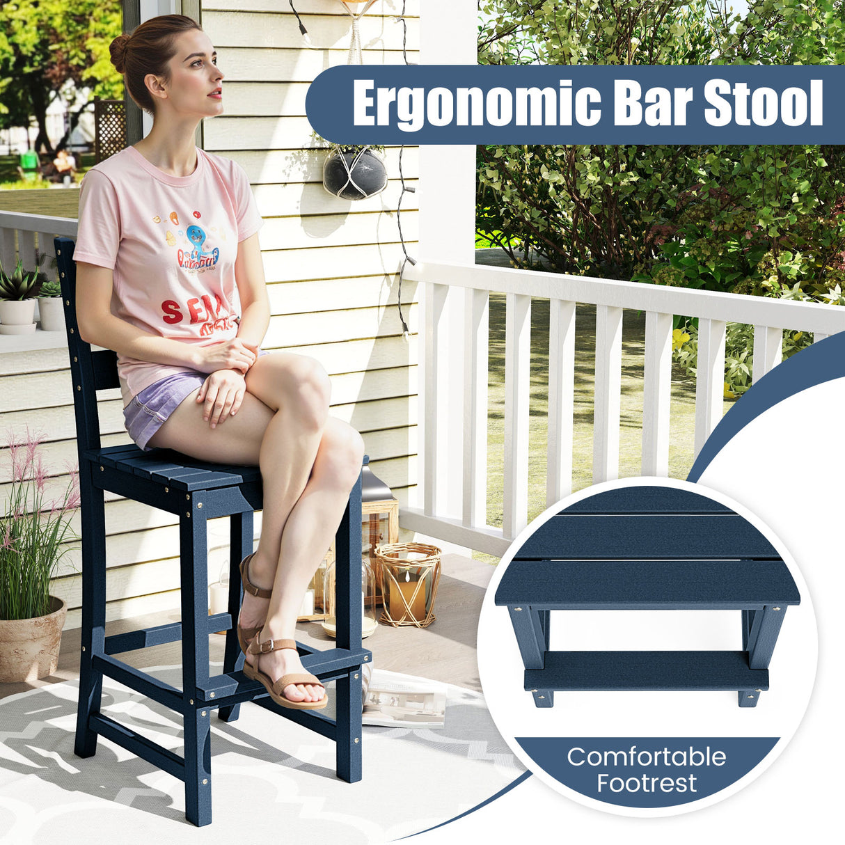30 Inches Counter Height HDPE Bar Stool with Backrest and Footrest