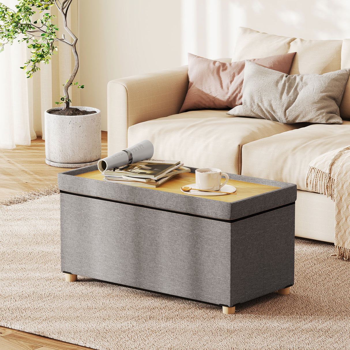 30 Inches Storage Ottoman Bench with Tray and Rubber Wood Legs-Gray