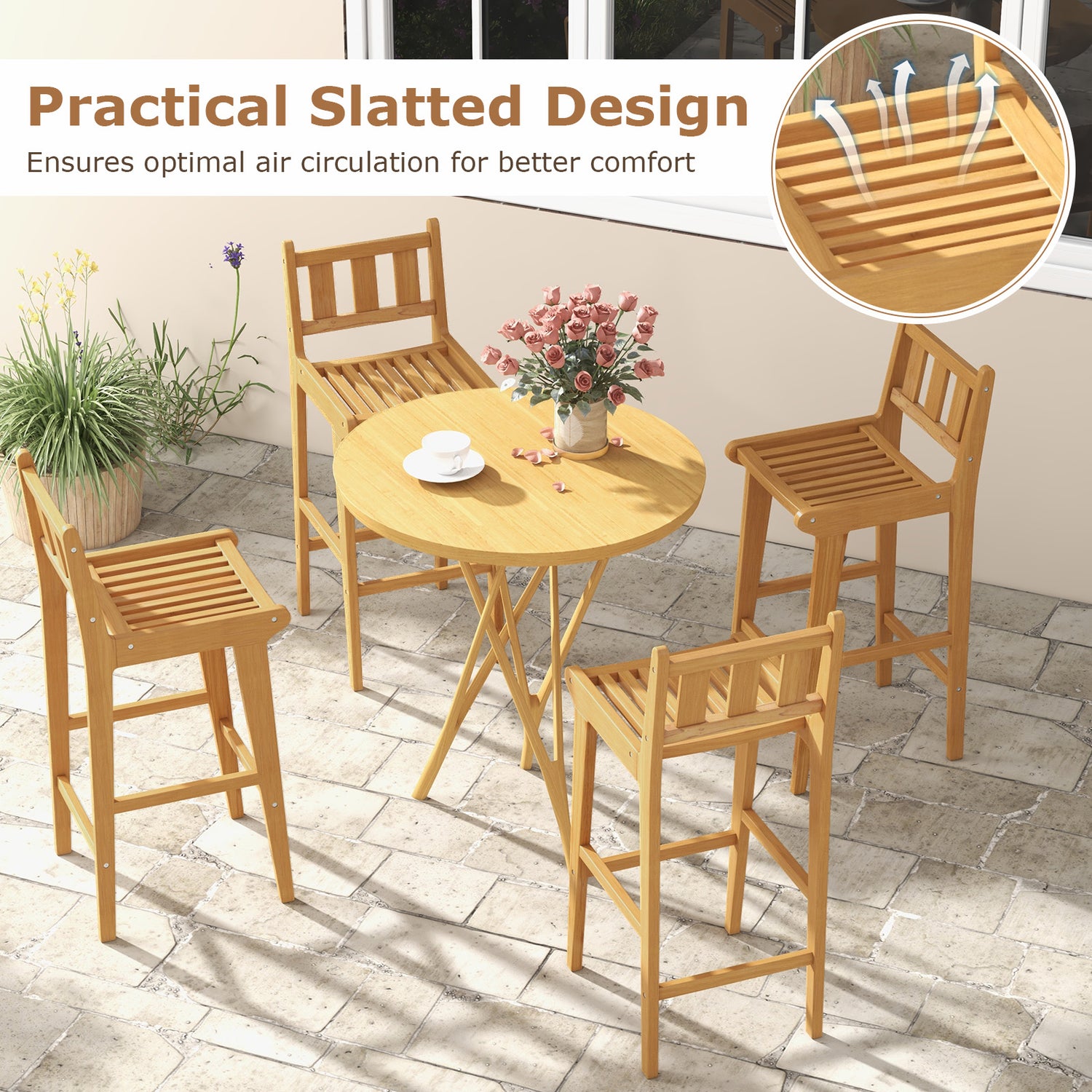 30 Inch Teak Wood Bar Chair with Footrest and Backrest for Deck Poolside Garden