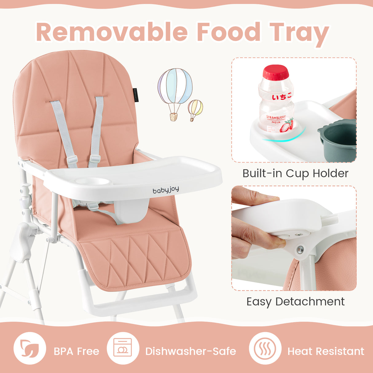 Easy Clean Compact Highchair with Removable Adjustable Tray and PU Seat Cushion