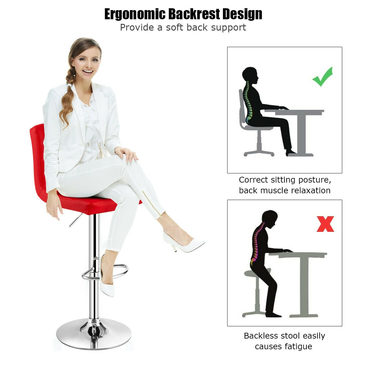 Set of 2 Square Swivel Adjustable PU Leather Bar Stools with Back and Footrest