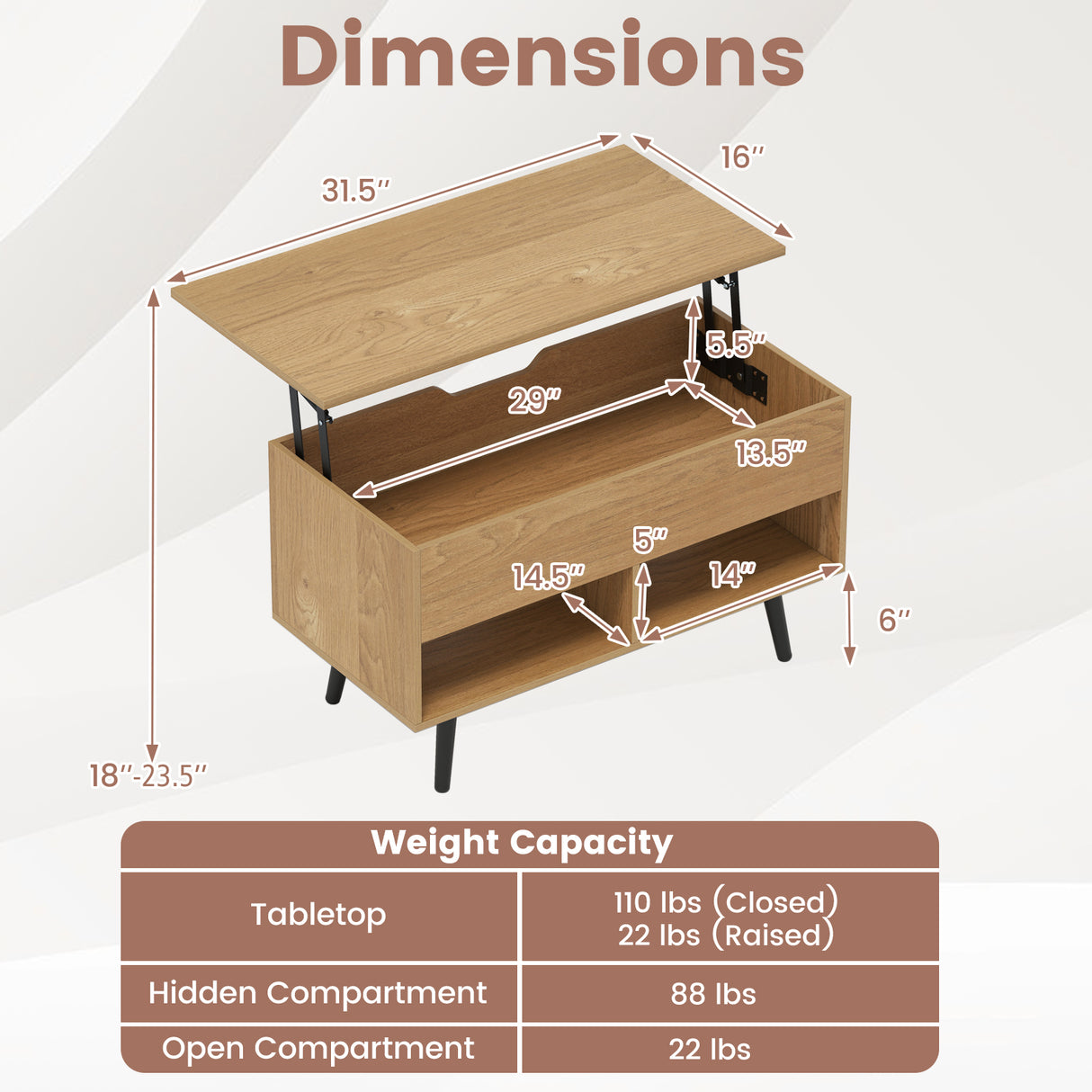 31.5 Inch Lift Top Coffee Table with Hidden Compartment and 2 Storage Shelves