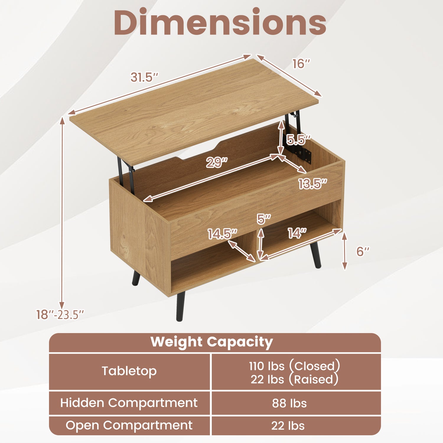 31.5 Inch Lift Top Coffee Table with Hidden Compartment and 2 Storage Shelves