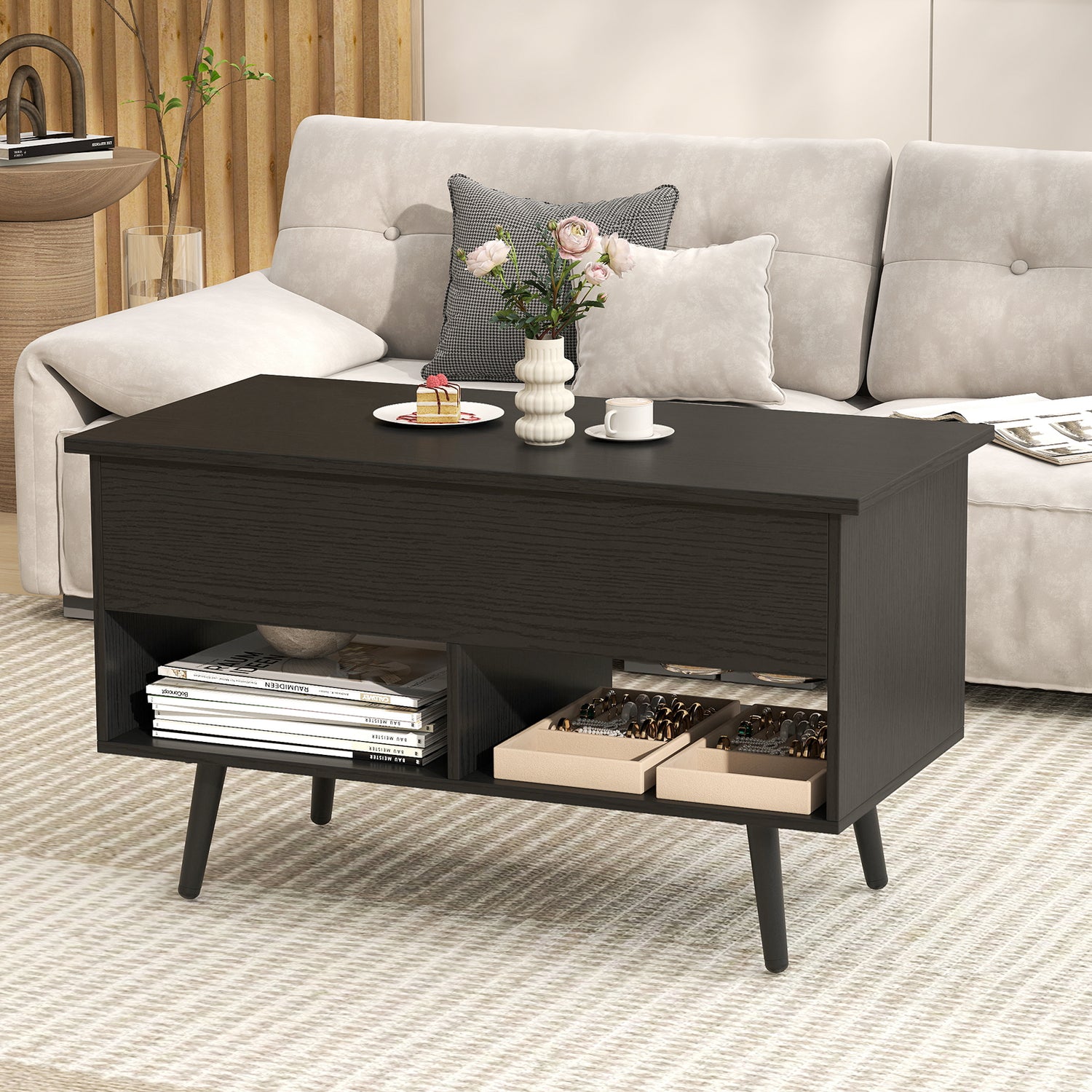 31.5 Inch Lift Top Coffee Table with Hidden Compartment and 2 Storage Shelves