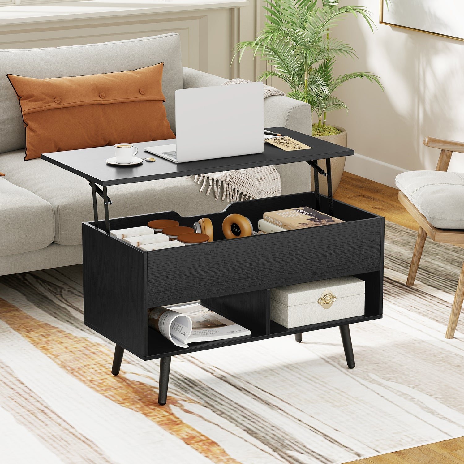 31.5 Inch Lift Top Coffee Table with Hidden Compartment and 2 Storage Shelves