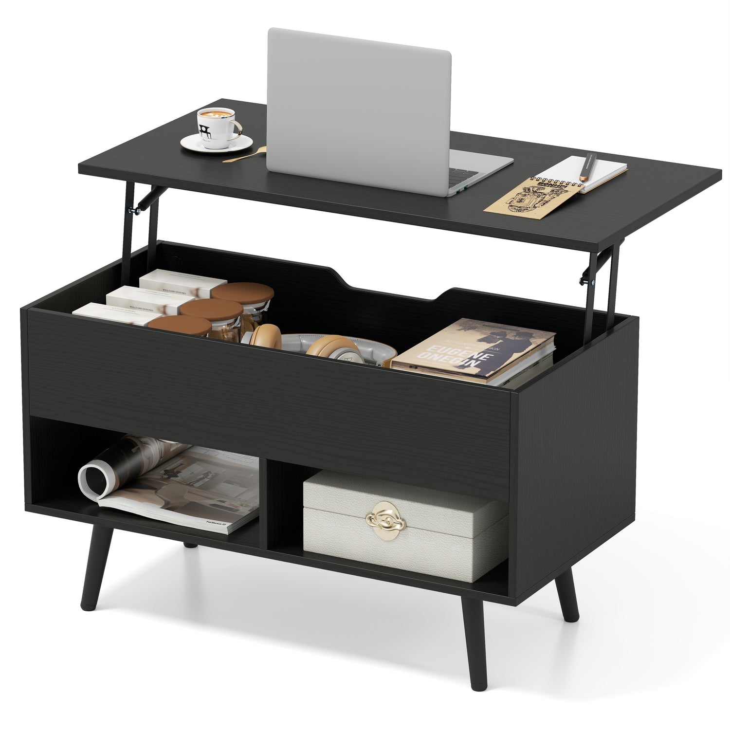 31.5 Inch Lift Top Coffee Table with Hidden Compartment and 2 Storage Shelves