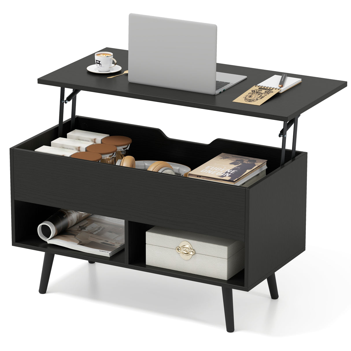 31.5 Inch Lift Top Coffee Table with Hidden Compartment and 2 Storage Shelves