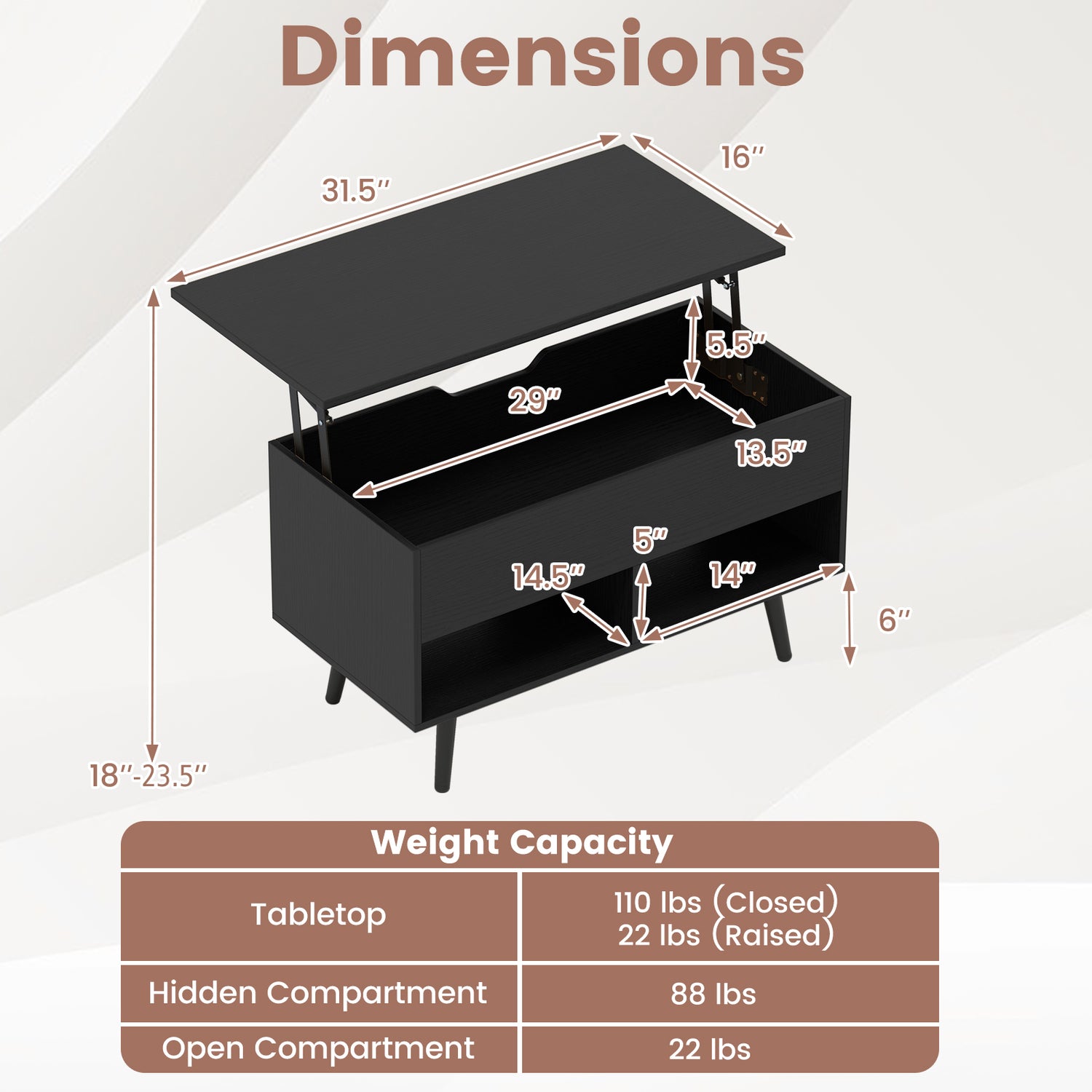 31.5 Inch Lift Top Coffee Table with Hidden Compartment and 2 Storage Shelves