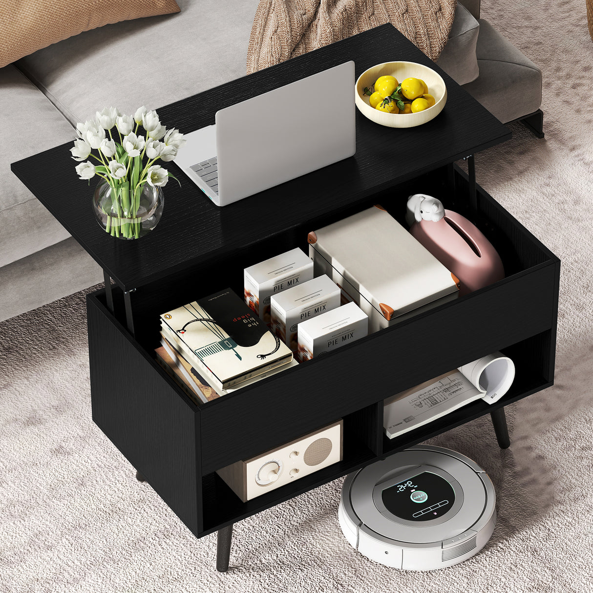 31.5 Inch Lift Top Coffee Table with Hidden Compartment and 2 Storage Shelves