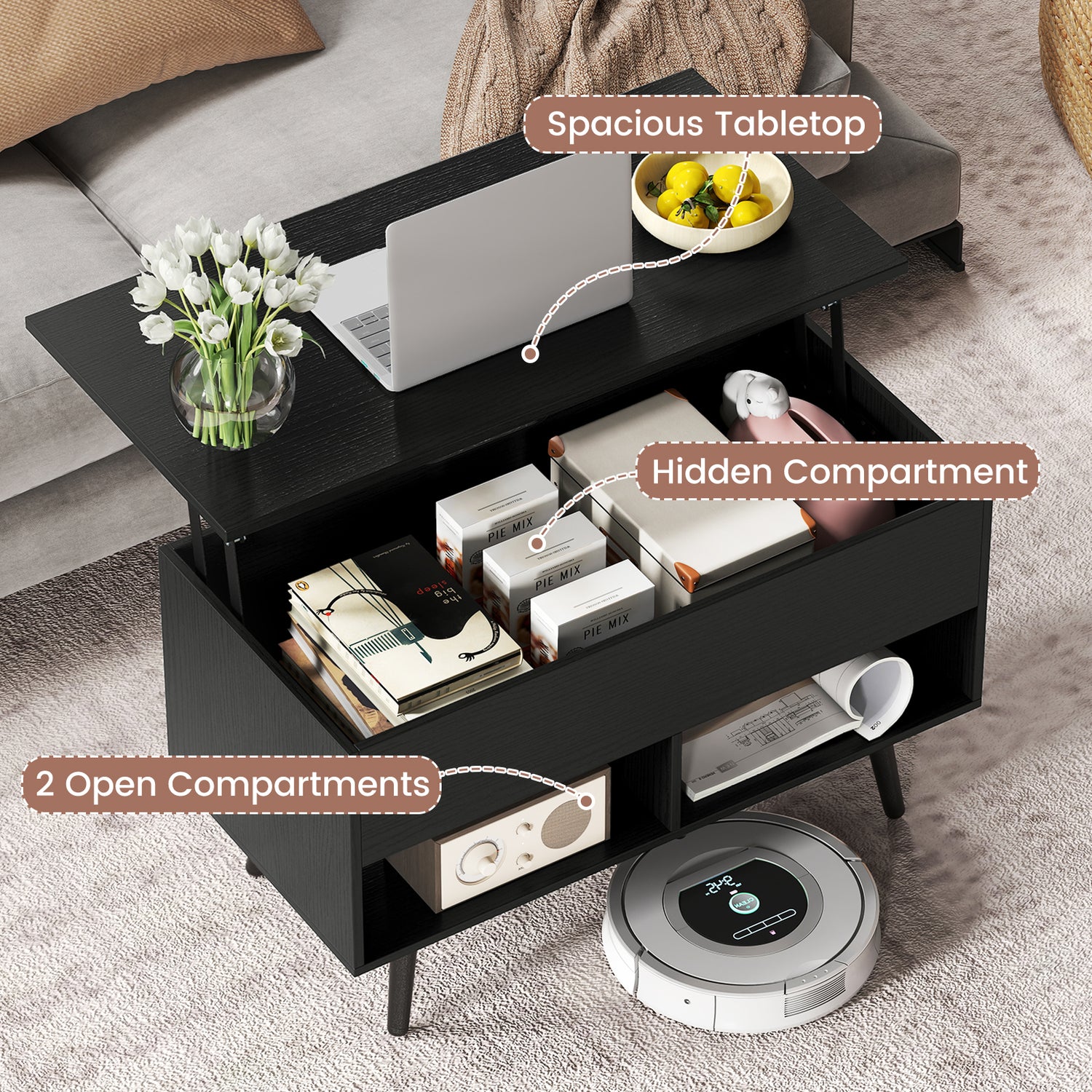 31.5 Inch Lift Top Coffee Table with Hidden Compartment and 2 Storage Shelves