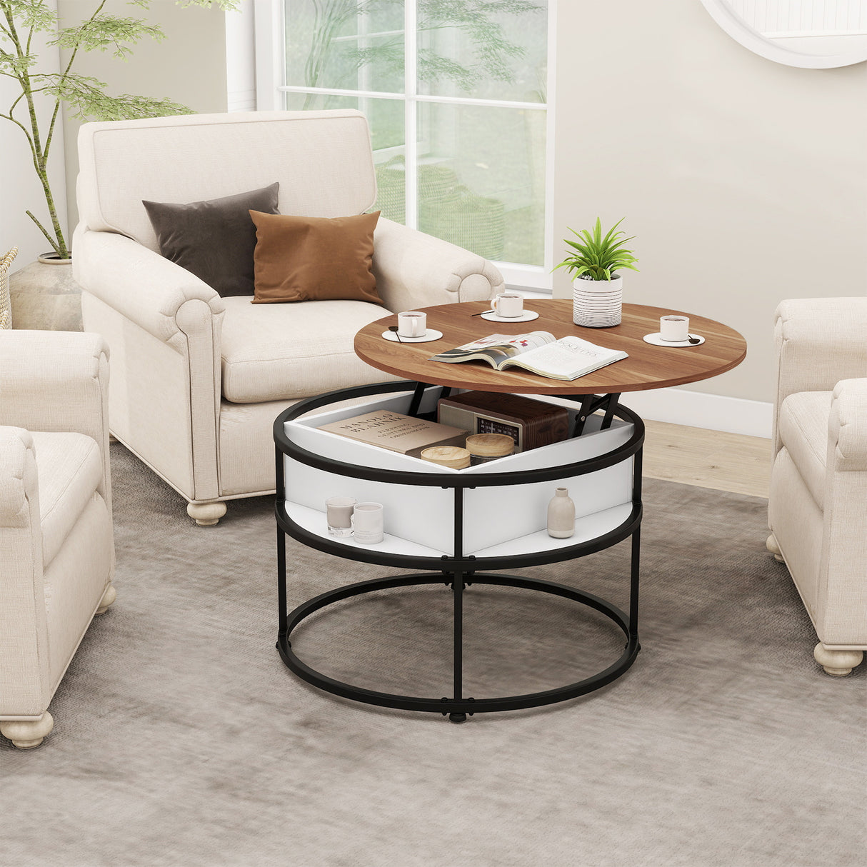 31.5 Inch Round Lift Top Coffee Table with Hidden Compartment and Side Shelves