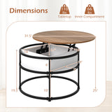 31.5 Inch Round Lift Top Coffee Table with Hidden Compartment and Side Shelves