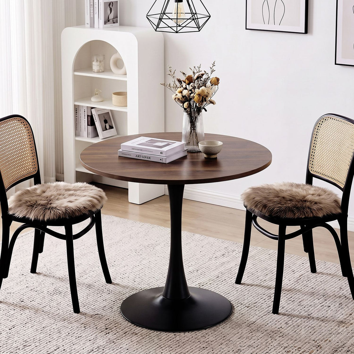 31.5-Inch Tulip Table for 2-4 with Thickened Table and Metal Pedestal for Small Spaces-Walnut
