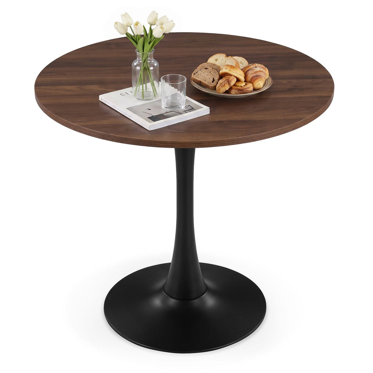 31.5-Inch Tulip Table for 2-4 with Thickened Table and Metal Pedestal for Small Spaces-Walnut