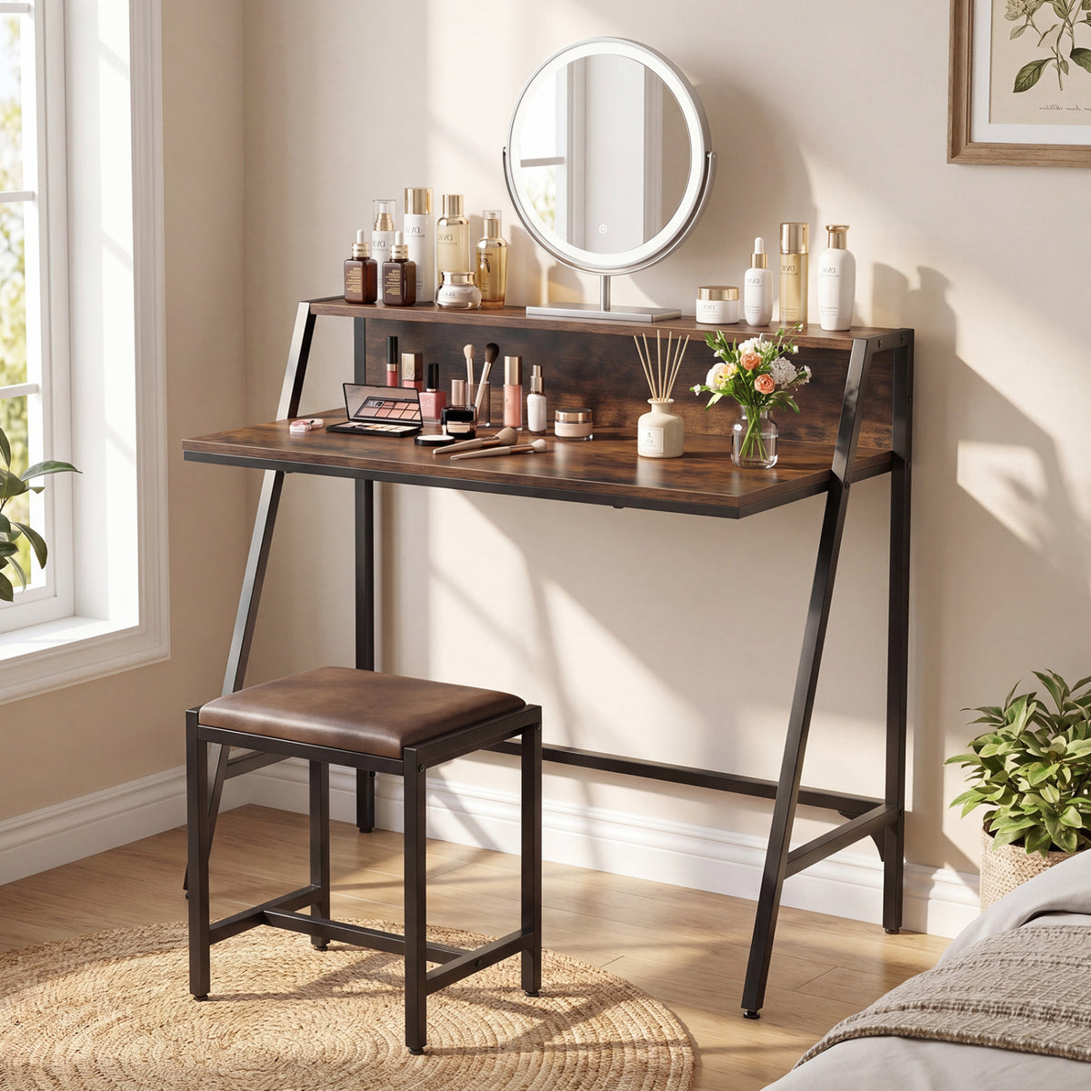 31.5" Industrial Desk with Raised Shelf Metal Frame