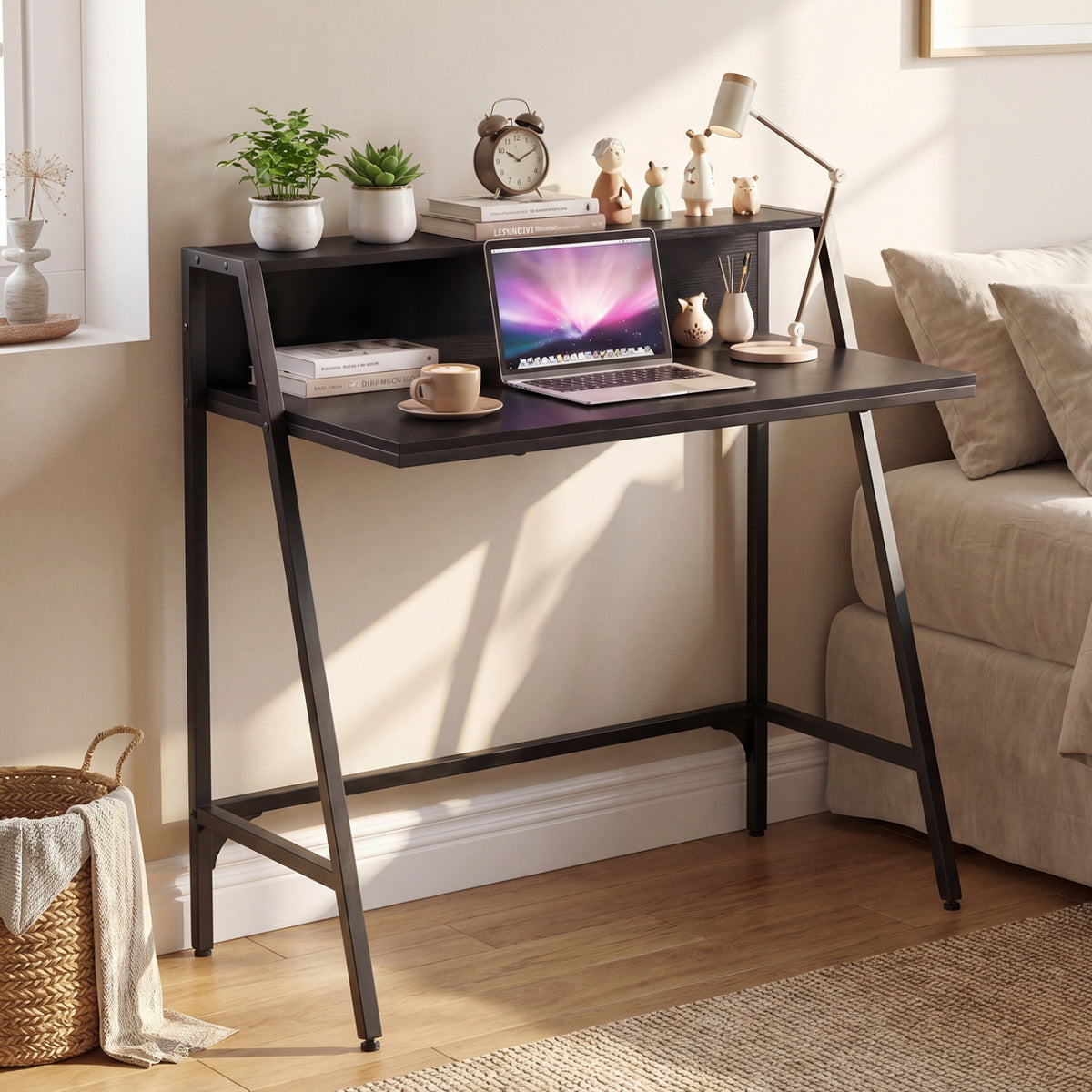 31.5" Industrial Desk with Raised Shelf Metal Frame