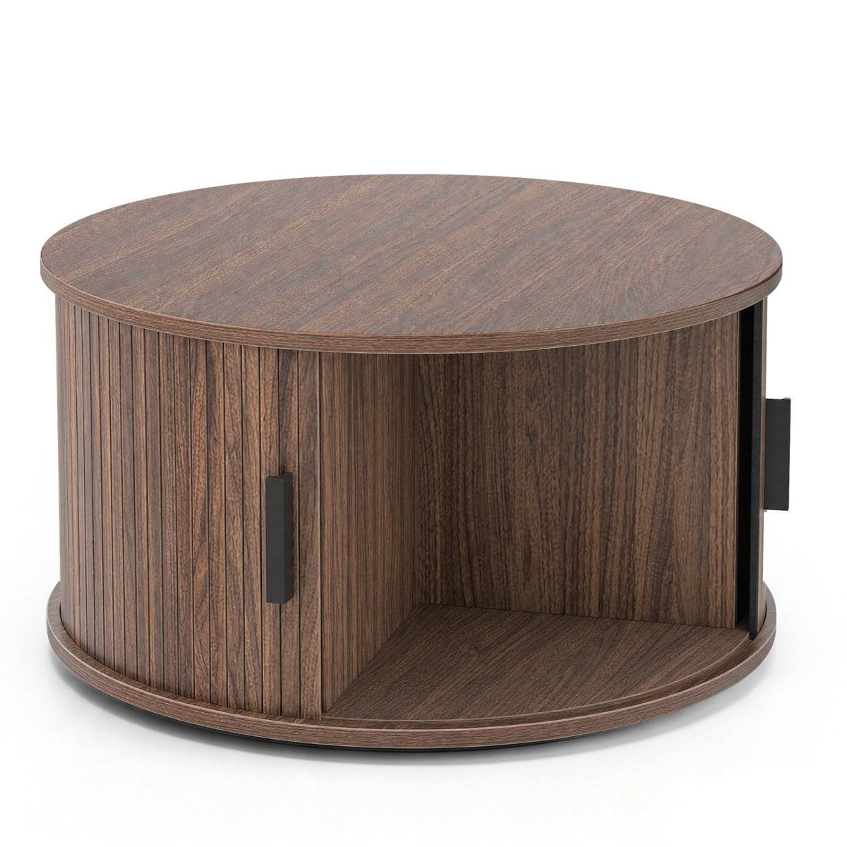 31.5" Round Coffee Table with Storage and Sliding Tambour Door for Living Room