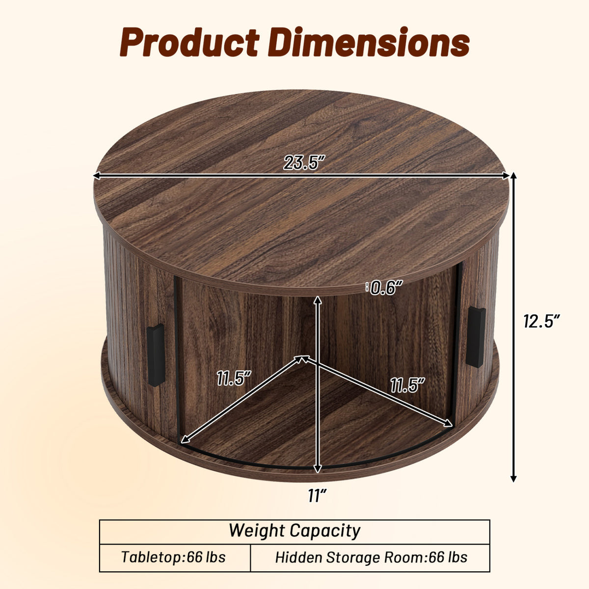 31.5" Round Coffee Table with Storage and Sliding Tambour Door for Living Room