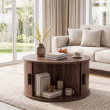 31.5" Round Coffee Table with Storage and Sliding Tambour Door for Living Room