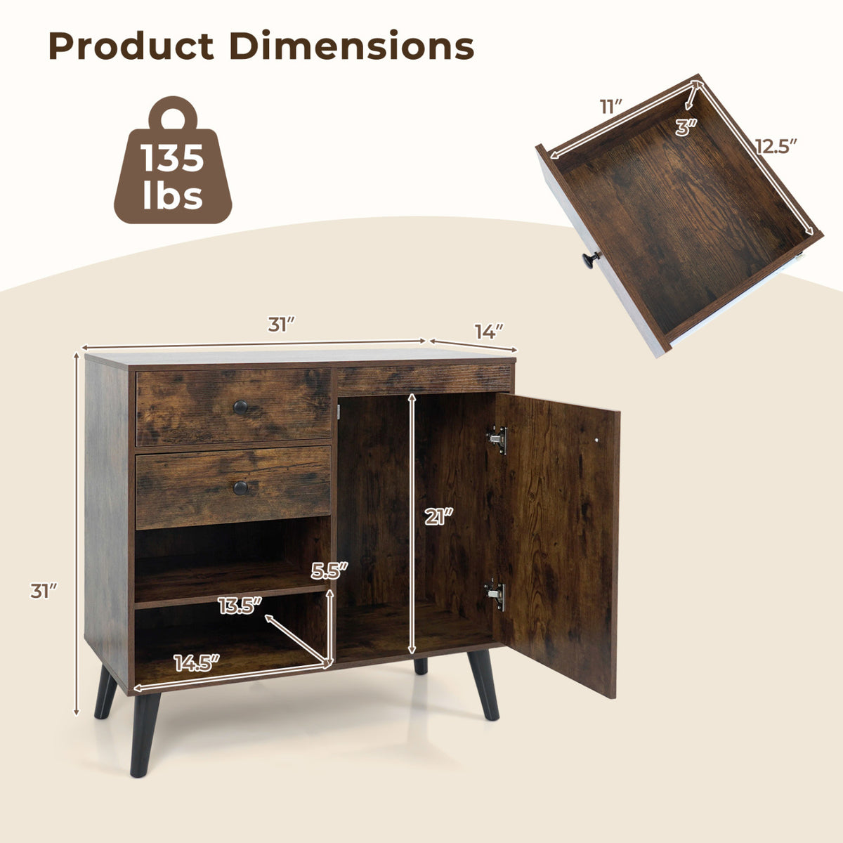 31" Sideboard Cabinet with 2 Open Compartments and 2 Drawers